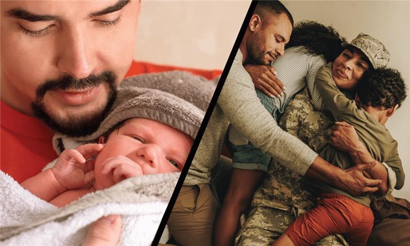 A father holding his child and a soldier hugging her family