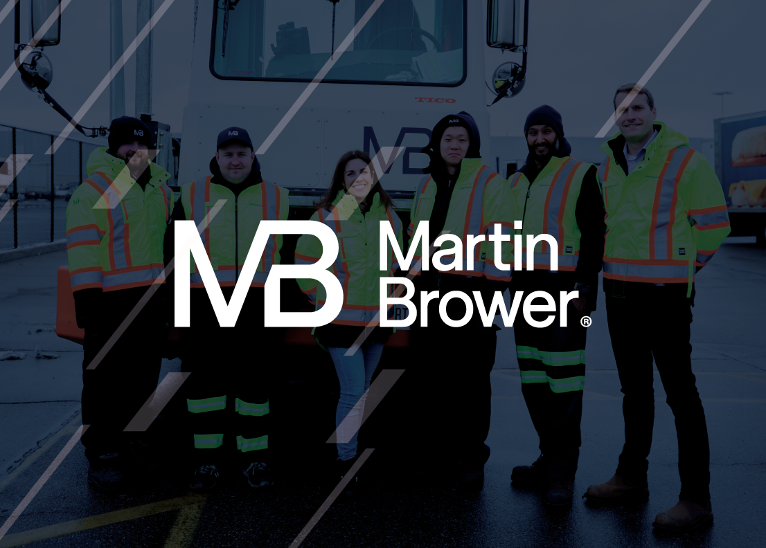 Martin Brower over deep blue overlay image of employees standing in front of a truck.