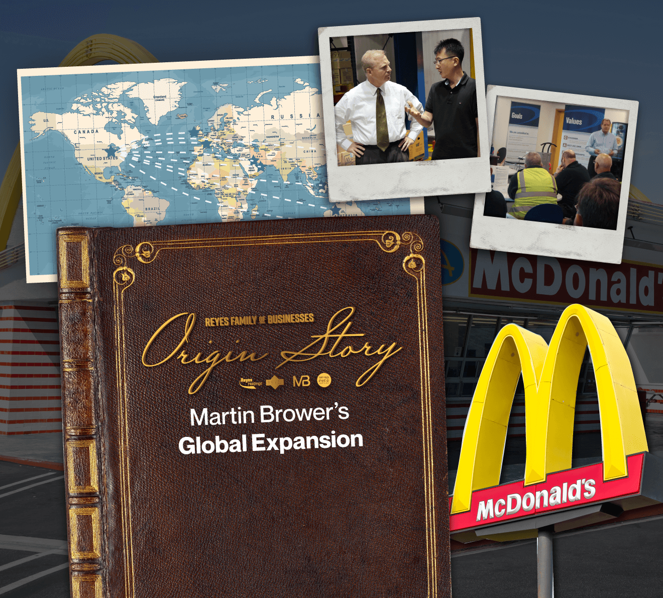 Origin story graphic with McDonald's sign and two polaroids.