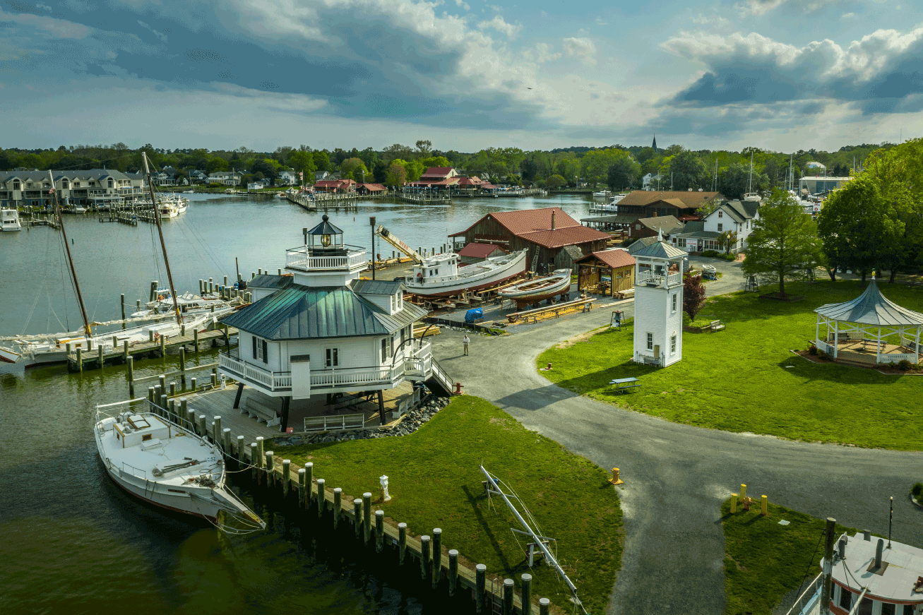 Image of harbor next to a body of water with boats at Stevens Harbor, Maryland