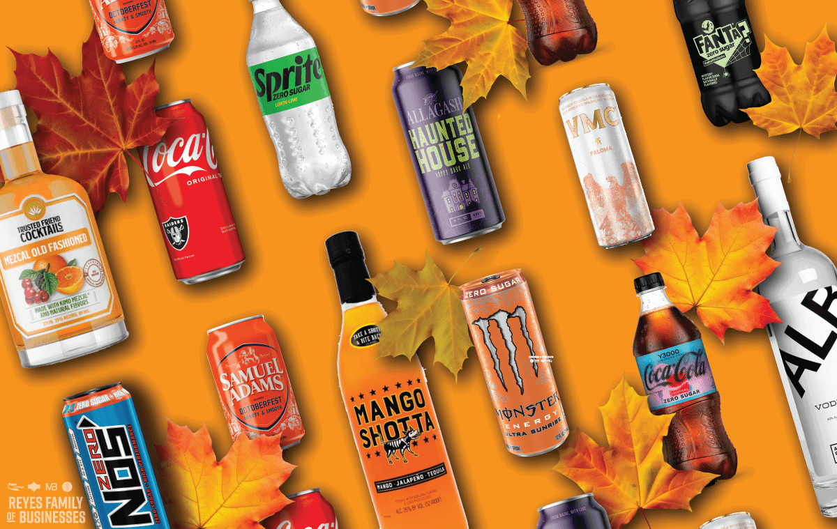 Fall themed brand products on orange background with fall leaves.